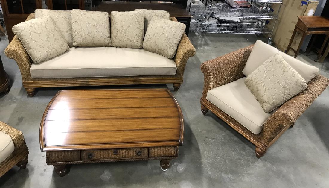 Set 6 Tommy Bahama Island Style Furniture Set: Set 6 Tommy Bahama Island Style Furniture Set, three seat sofa, two armchairs, coffee table, ottoman, side table with storage, beige toned base cushions, and throw pillows with beige and brown toned t