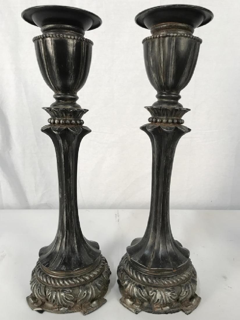 Pair Dark Silver Toned Metal & Comp Candlesticks: Candlesticks are Metal & composite. Each have some scratches and minor chips. Measures approx 17.5 inches tall 5.5 inches wide. Tableware, tabletop accessory, home decor, decorative accessory. 6