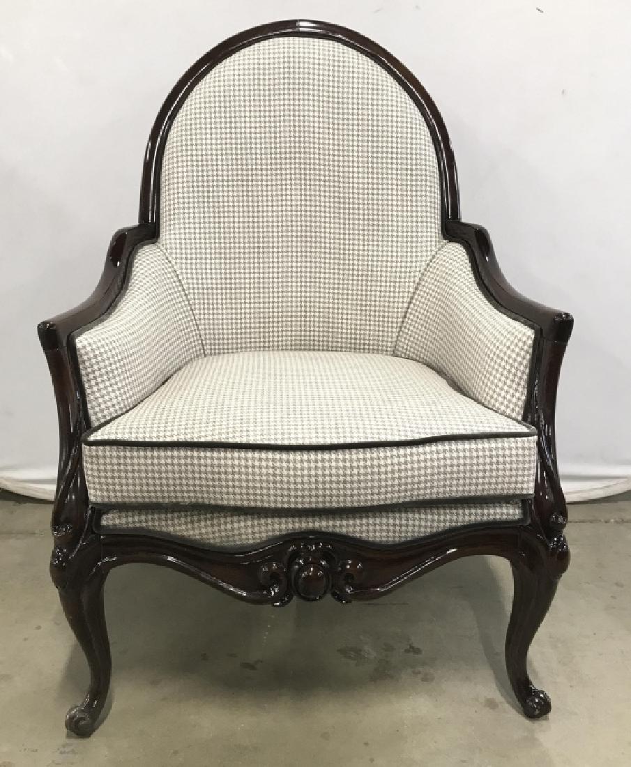 Custom Designed Bergere Style Armchair: Custom Designed Bergere Style Armchair in dark toned wooden high gloss frame with hand carved scroll design, grey/cream toned hounds tooth upholstered fabric, and grey toned French velvet welting. Pro