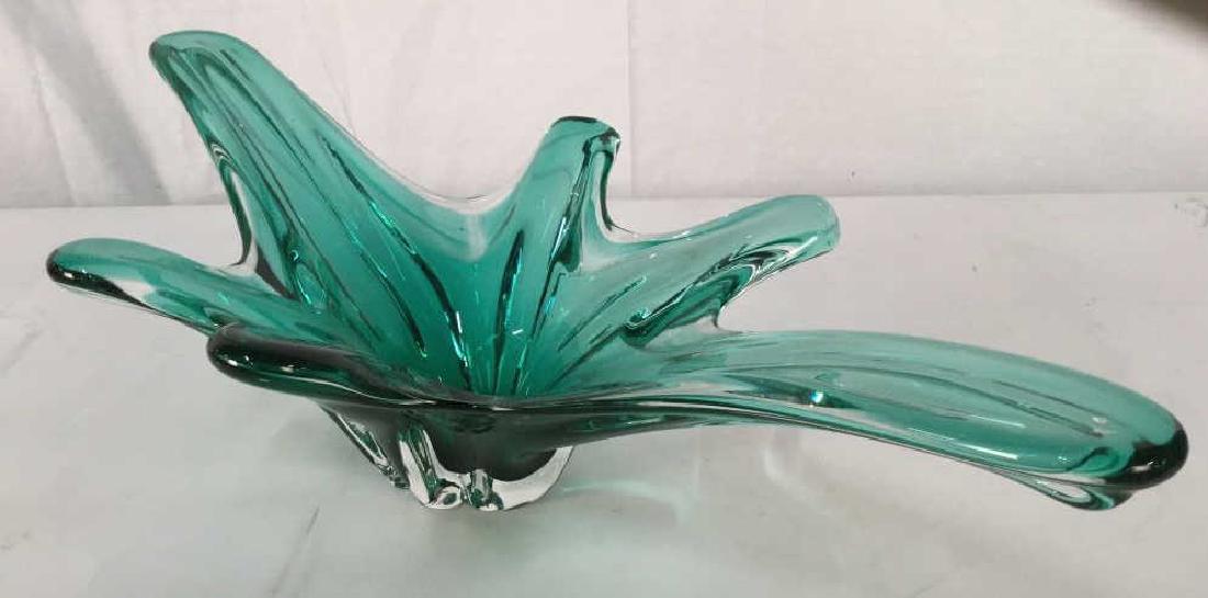 Mid Century Mod Murano Art Glass Centerpiece: Heavy teal and clear toned art glass bowl, vessel, centerpiece bowl, Tableware, Mid Century Modern Design, Murano Art Glass, Italian Art Glass, good condition, measures ht app 7 inches, top app 25 by 