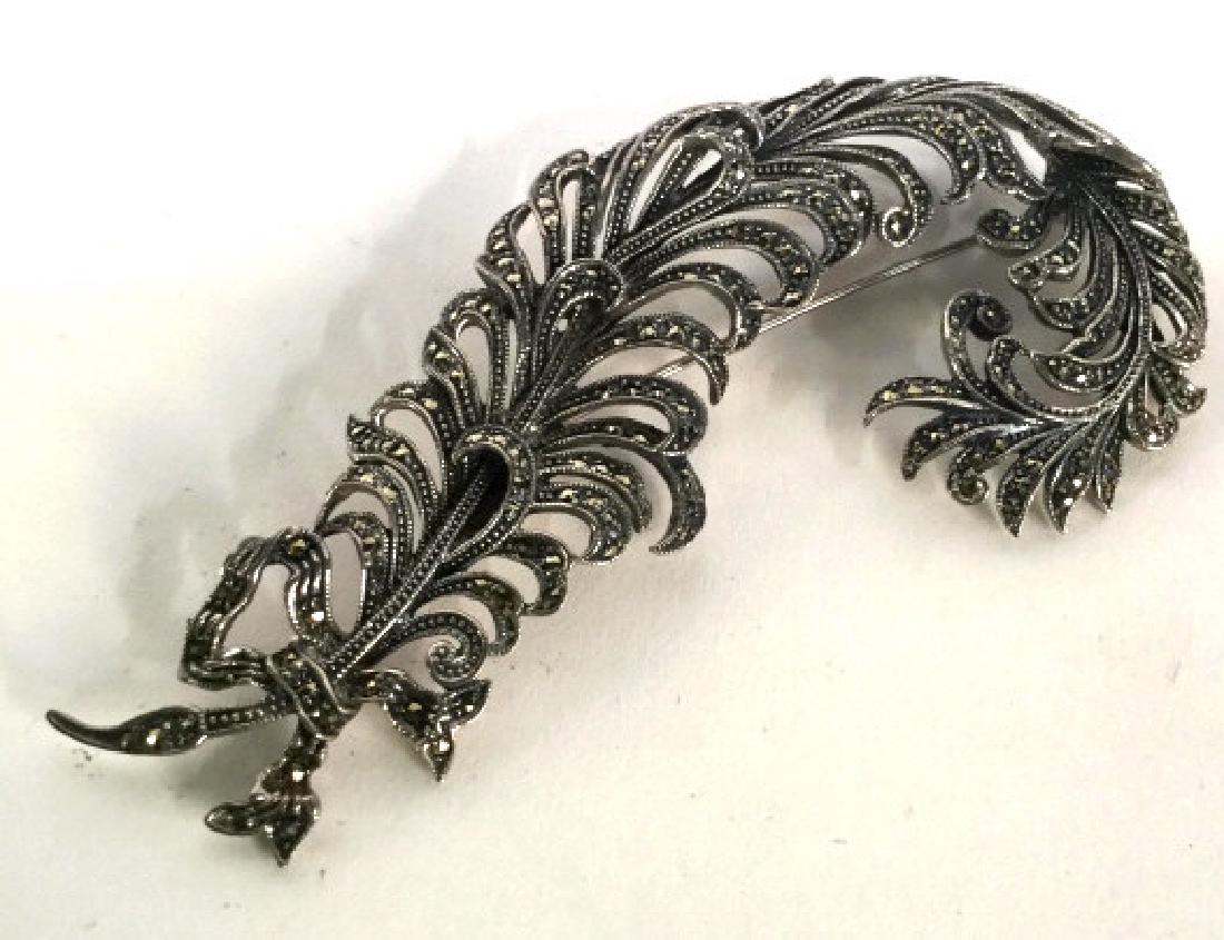 Sterling Art Deco Feather Brooch: Pin, jewelry, Art Deco Design Sterling Silver And marcasite Rhinestone, vintage possibly antique jewelry, Estate jewelry, statement jewelry, womens vintage fashion accessory measures app 4.5 inches by