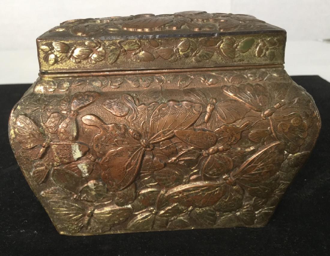 Mixed Metal Asian Brass Butterfly Keepsake Box: Mixed Metal Asian Brass Butterfly Keepsake Box, rectangular form with butterflies in relief, has interior removable tray with an affixed butterfly figural, removes to larger interior storage, Marked w