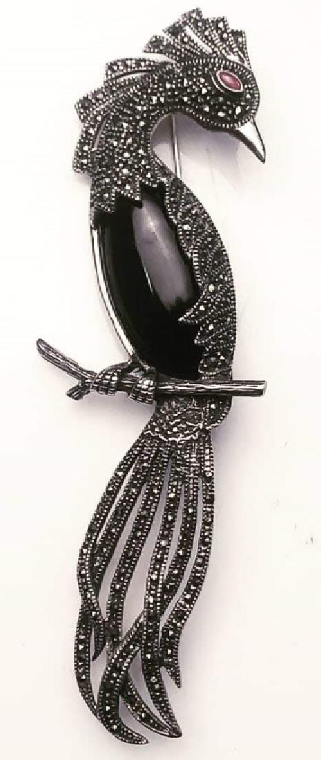 Sterling And Onyx Art Deco Brooch: Estate jewelry, pin, brooch, Art Deco statement pin, rhinestone sterling silver marcasite, intricately designed jewelry, measures app 4.5 inches ht by 1.5 inches, Art Deco jewelry