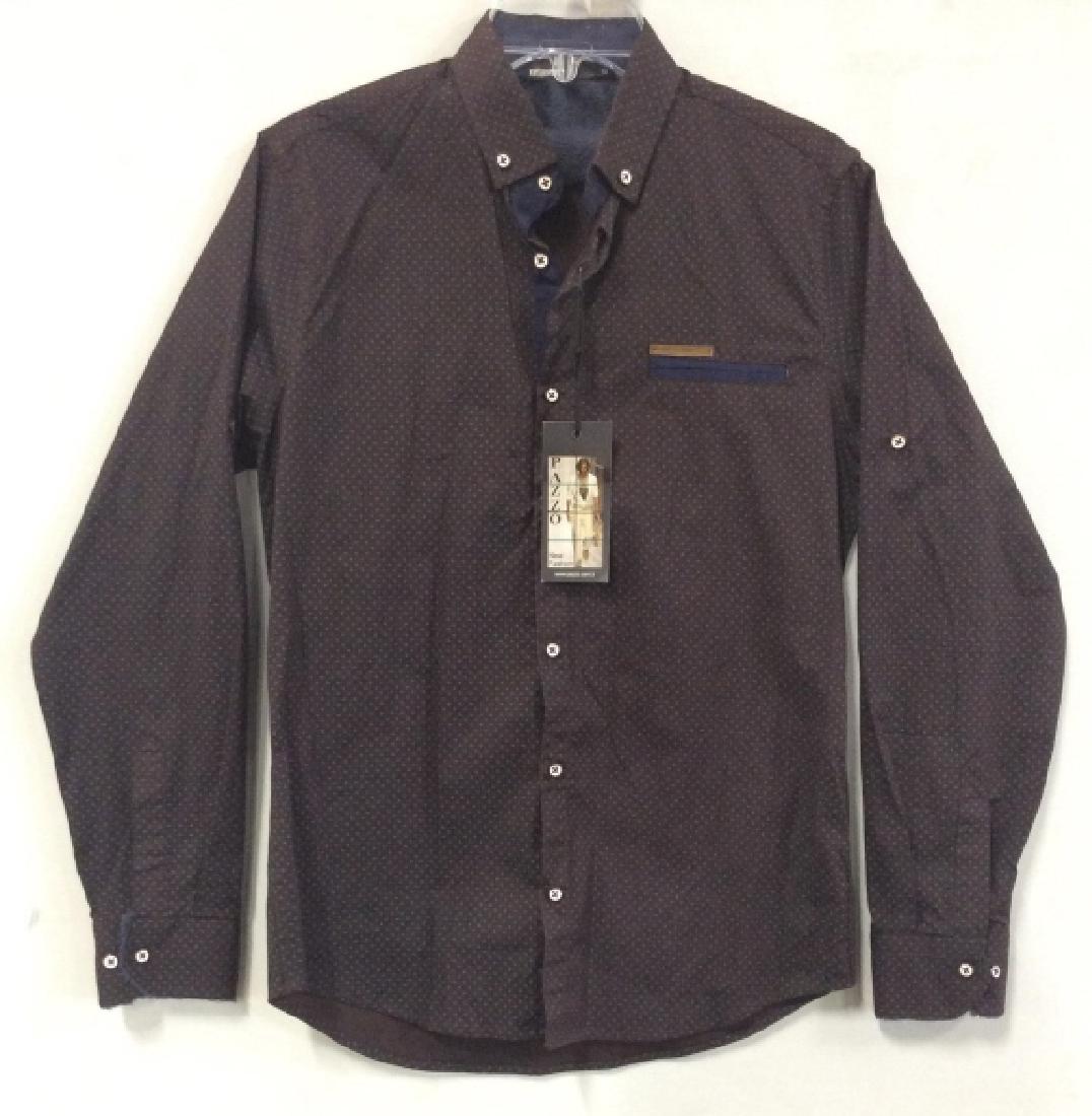 PAZZO Luxury Designer Men’s Button Down Shirt: PAZZO Luxury Designer Men’s dress / Button Down shirt with original label for couture designer PAZZO. Deep Maroon brown tone with subtle blue dot pattern, label for size M. Shirt plush lining along