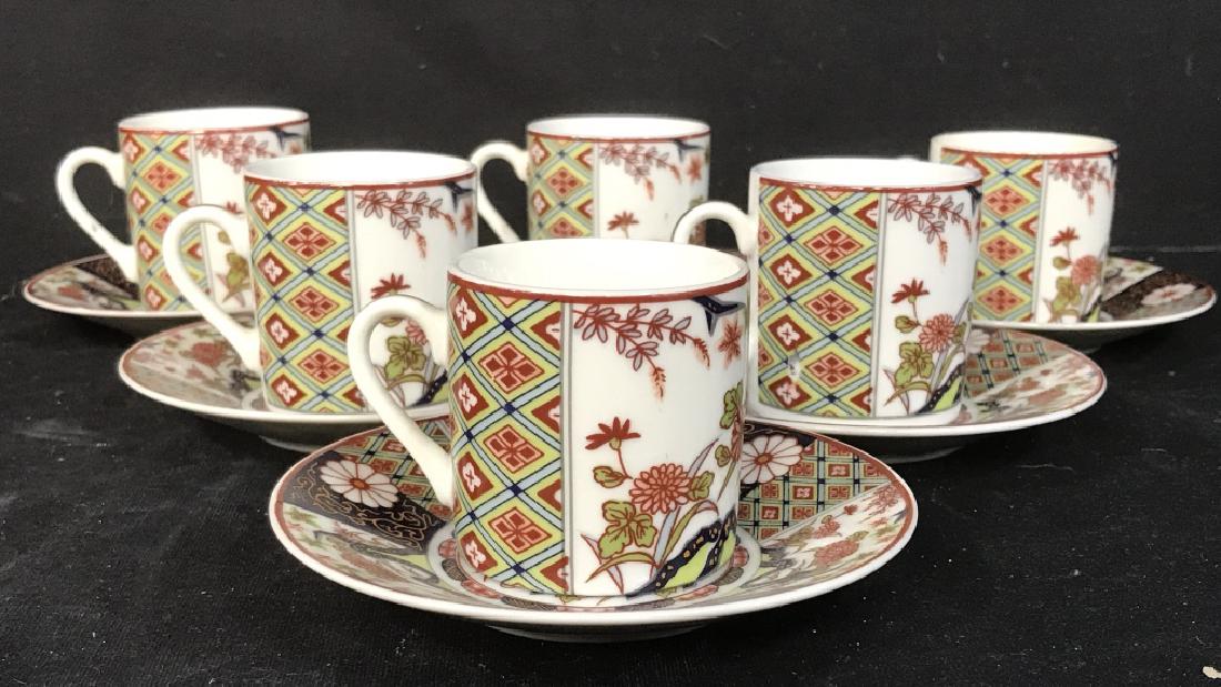 Lot 12 IMARI Porcelain Partial Espresso Set: Lot includes 6 espresso cups & 6 cups saucers. Each piece has intricately detailed geometrically patterned and floral, leaf and vine detail. Imari Porcelain, Asian Por elain, tableware,Saucers are 4.5