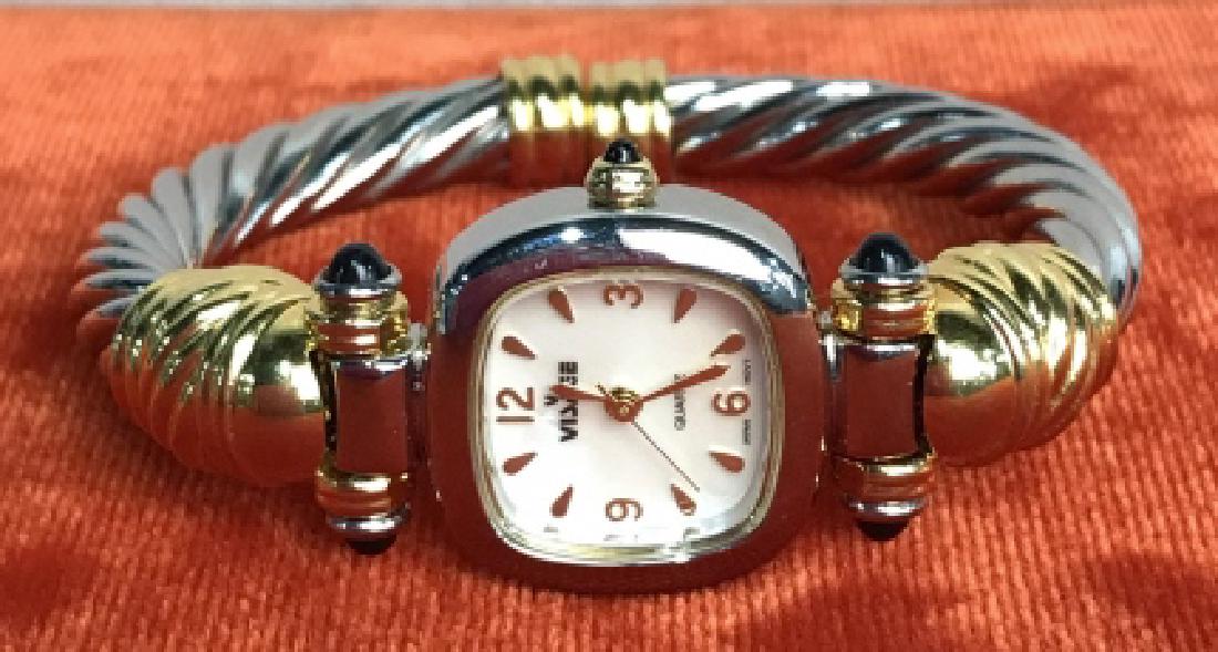 David Yurman Style Ladies Bracelet Watch: Mother of Pearl face with two toned twist band, and magnetic snap closure, measures diameter app 2.5 inches, Ladies wristwatch, estate jewelry, fashion jewelry