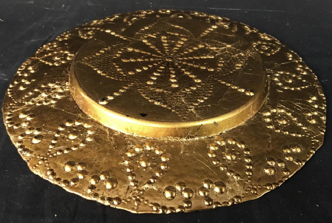 Gold Toned Art Glass Plate: Plate is glass & gold toned. Contains patterned detail., textured, platter, table ware, table top accessory, decorative gold toned accessory Measures approx 13 inches wide. 6