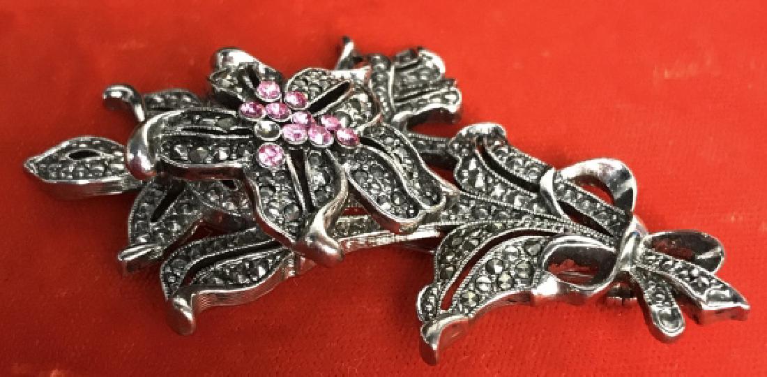 Intricate Rhinestone Marcasite Silver Toned Brooch: Vintage jewelry, estate jewelry, layered flower for brooch, ladies fashion accessory, flower attached by spring to stem and leaves, flower has movement, Statement jewelry measures app 3 inches by 2 in