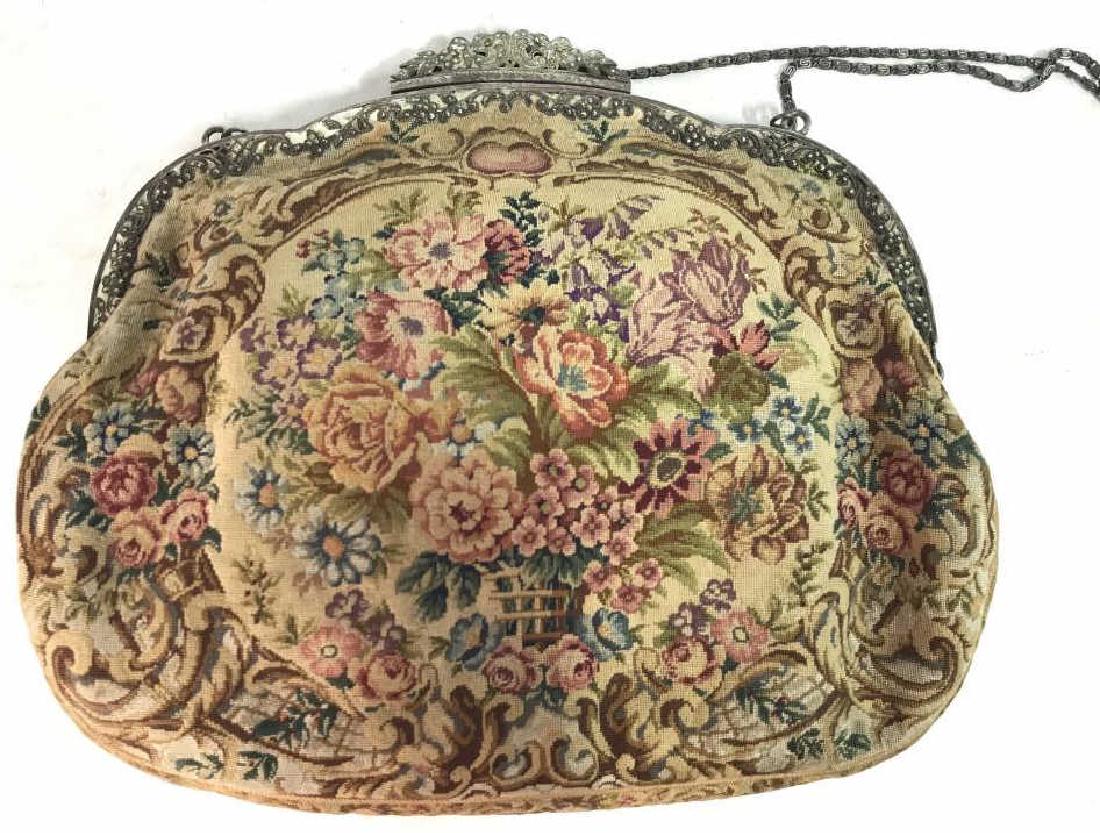 Antique French Petit Point Marcasite Clutch: Antique French purse, evening bag, Victorian ladies accessory, hand made Petit Point stitched floral design, silver toned metal frame with inset mar sauté rhinestones, measures app ht to chain 12 inc