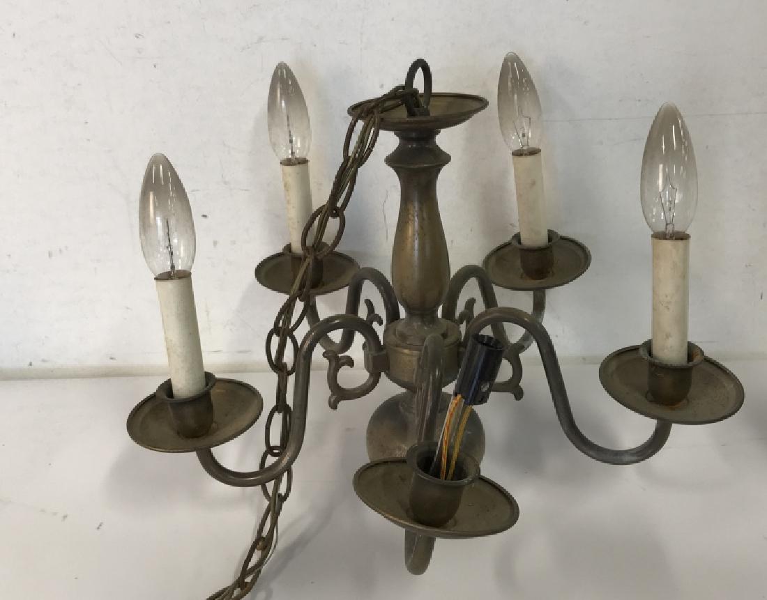 Electrified Brass 5 Arm Chandelier: Brass Electrified Chandelier, 12 in x 14 in circumference,with 5 candle lights with scrolled arms attached to a central column, missing one candle, not tested, Decorative wall Lighting, Electrified Ch