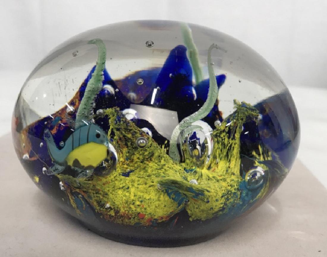 Art Glass Paperweight Ocean Aquarium Themed: Art Glass Paperweight Ocean Aquarium Themed, 2 5/8 in x 4 in, depicting sea life and coral at oceans bottom, good condition, Deskware, Collectible Tableware, Collectible Paperweights, 5