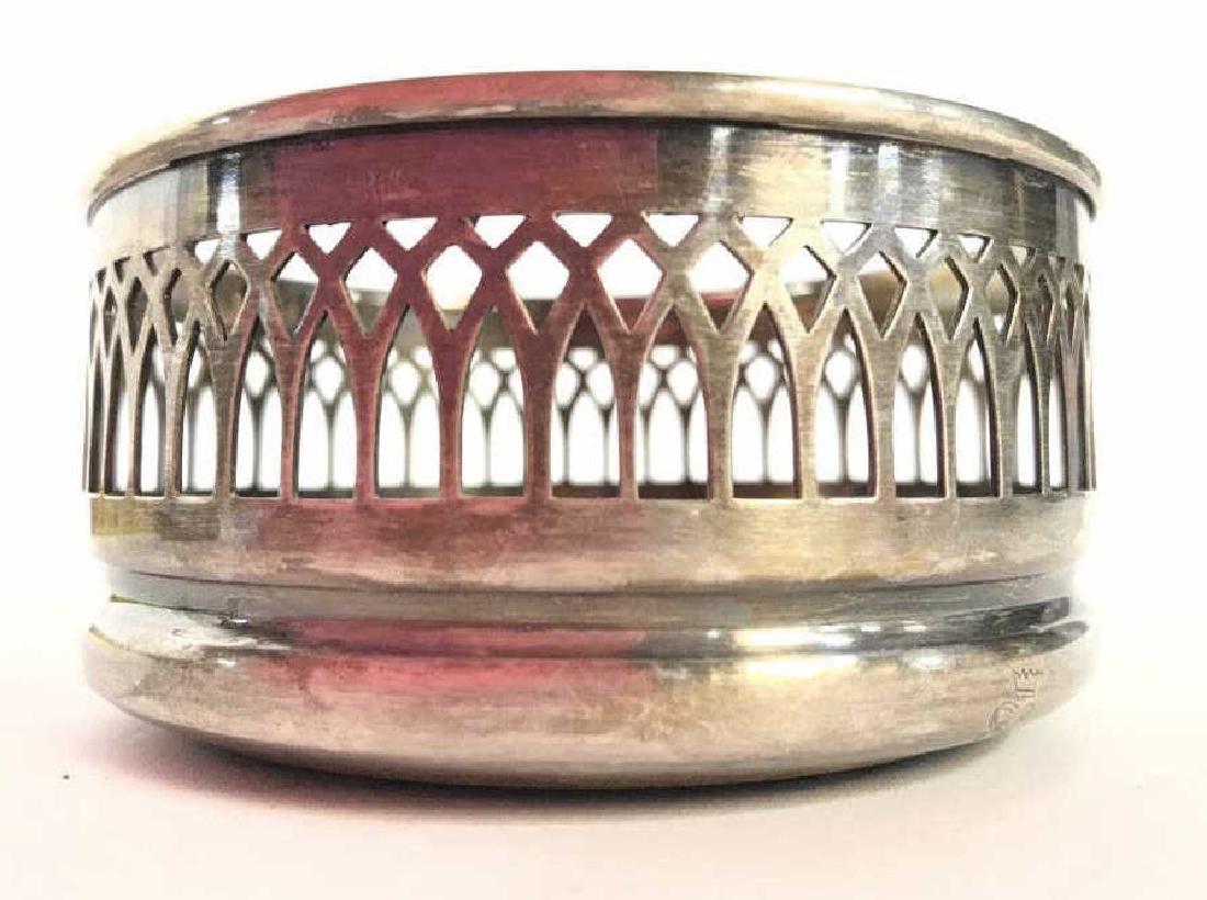 SILVER PLATED Wine Coaster Tableware, England: Reads silver plated on underside. Table ware, wine accessory, bar accessory, Marked made in England, Trademarked Crown, Measures approx 3.5 inches diameter 1.5 inches tall.