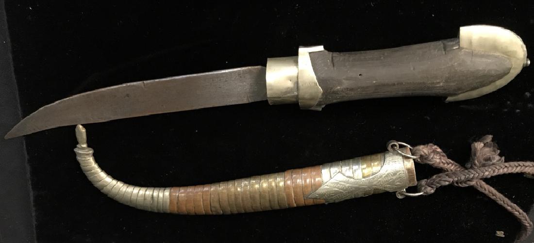 Middle Eastern Dagger w Sheath: Wood and mixed metals with etchings and relief work, sheathed measures app 16 inches length, collectible weapon, knife, dagger, blade