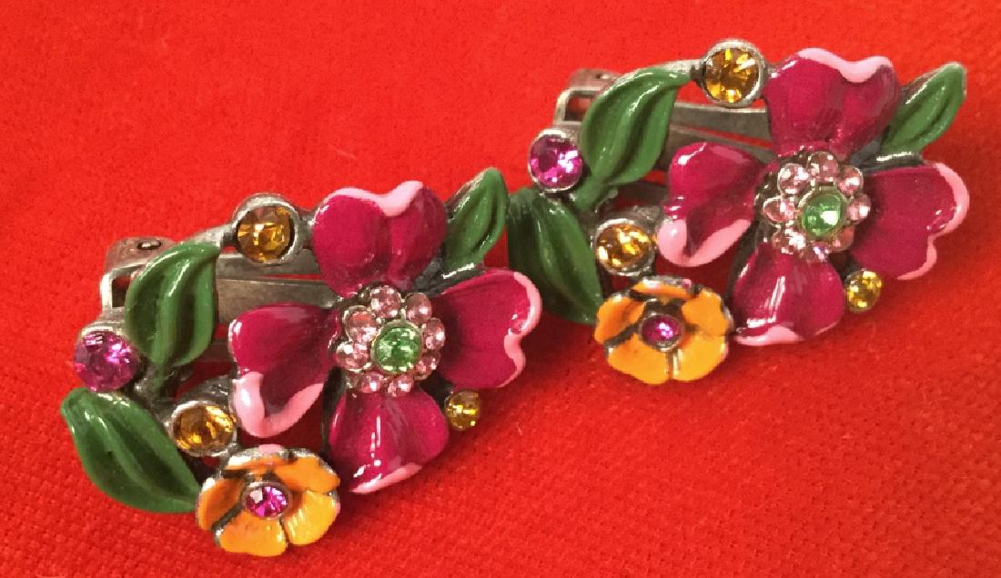 BEN AMUN Designer Enamel Painted Earrings: Vintage Designer floral enamel painted Clip On Earrings with rhinestone details. Each earring Signed BEN AMUN. Approx 1 inche in height by 0.75 inch in width. Vintage Jewelry, statement earrings, desi