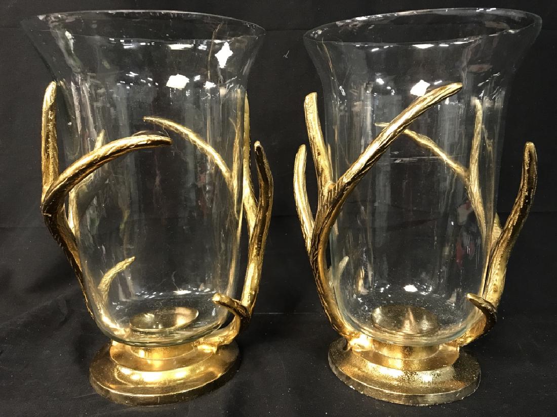 Pair Gold Toned Metal & Glass Antler Vases: Lot includes 2 gold toned metal antler holders with glass vases. Vases, Vessels, Decorative accessories, Tableware, table top decor, Measures approx 11.5 inches tall 7.5 inches wide.