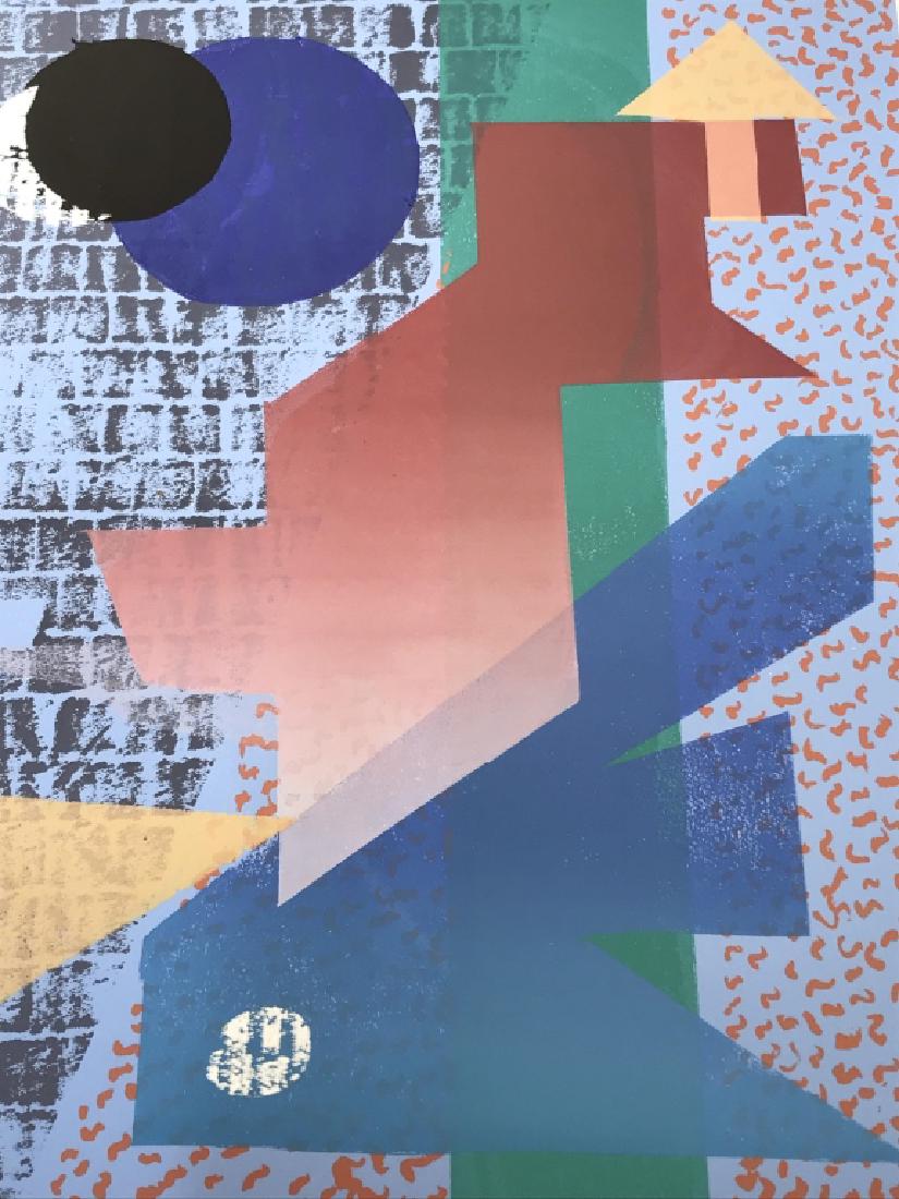 Signed GLOWATTS Limited Edition Silkscreen Art: Signed and numbered limited edition silkscreen on paper artwork. Signed in pencil LISA CONSTANCE GLOWATTS 1988, Untitled, and numbered 5/6 along bottom of image. Image is colorful and depicts an assem