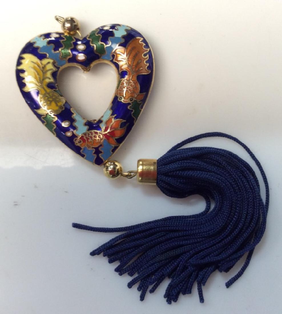 Vintage Enamel Cloisonné Pendant: Vintage Enamel Cloisonné Pendant, Asian oriental design featuring gold fish against blue background, multi toned enamel with brass metal, measures approx 2 in wide by 5 in long with tassel, 2 in l8gn