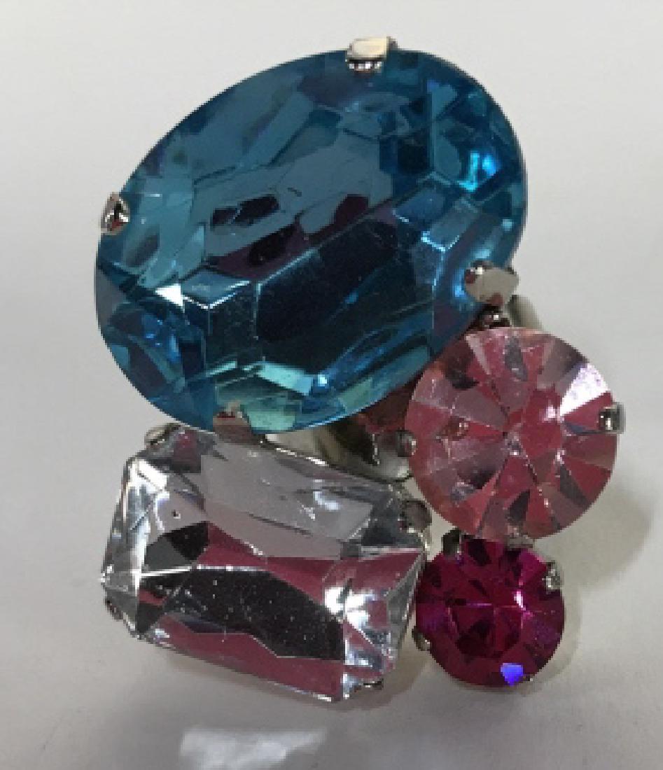 Multi Colored Rhinestone Ring, Jewelry: Multi Colored Rhinestone Ring, pink, red and light blue, aqua blue Rhinestones, set a top silver toned Open shank, approx size 5 3/4, expandable, good condition, Vintage, Estate, Costume, Jewelry, Coc