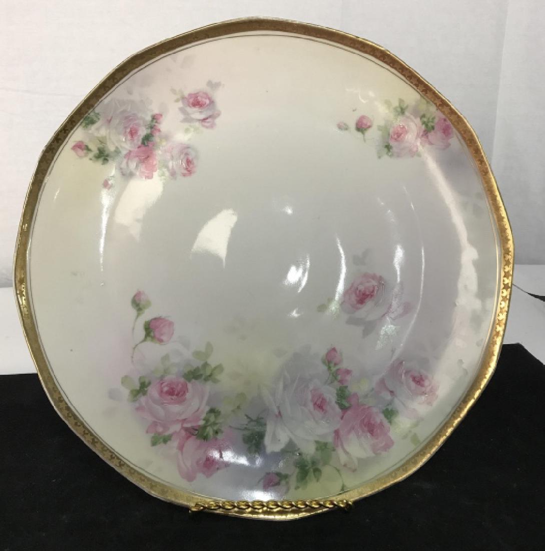 Prussian Porcelain Serving Plate: Prussian Porcelain Serving Plate, marked underside Prussia, royal m ruddistadt, roses on white ground, possibly hand painted, vintage tableware, edged in gold, gold scuffed, 13 in diameter, Prussian P