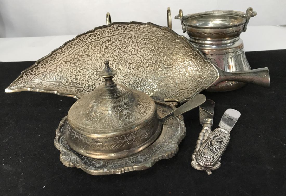Group Lot of mixed Silver toned Etched Tableware: Group Lot of mixed Silver toned Etched Tableware, including, etched Lettering on gourd shaped bucket, 1 condiment dish with cover, etched with florals, and 1 Leaf shaped Etched With peacocks Candy Dis