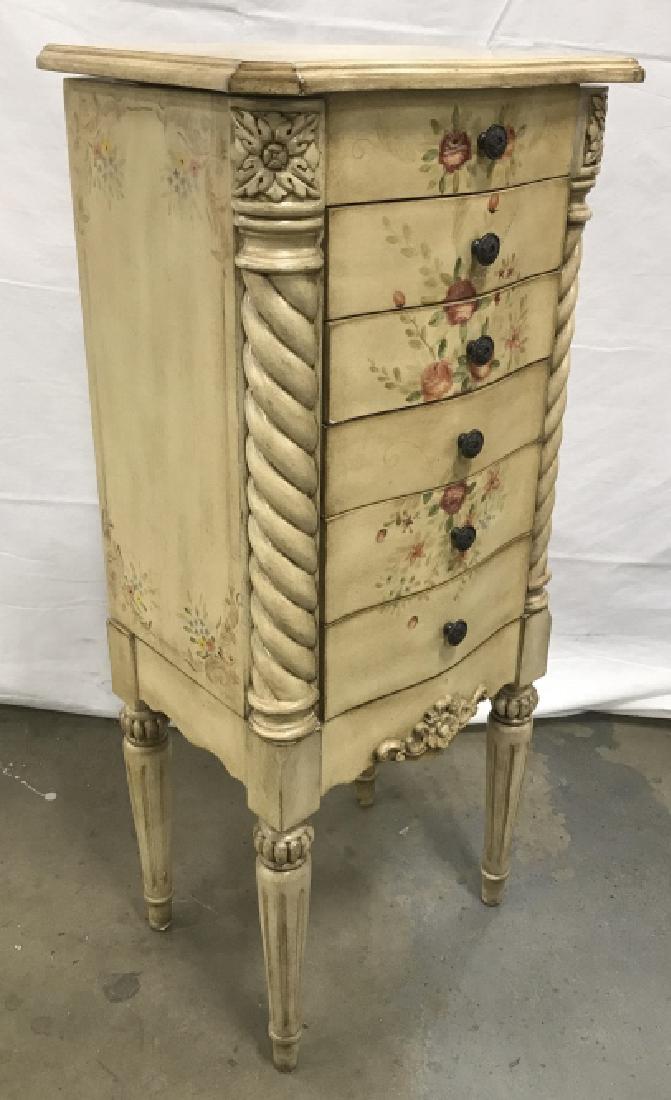 Hand Painted Standing Jewelry Chest: Hand Painted Standing Jewelry Chest, Carved Floral And leaf design, Flip Top reveals mirror and ring holders, with five lower drawers for necklaces, bracelets and keepsakes, and two sides that open ou