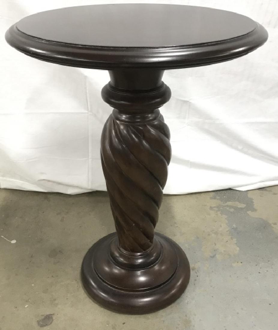 Dark Toned Pedestal Side Table W Carved Design: Dark Toned Pedestal Side Table W Carved Design. Some minor surface scratches and nicks. Measures approx 26.25 inches tall x 20 inches in diameter. Side Table. End Table. Pedestal Table. home accessory