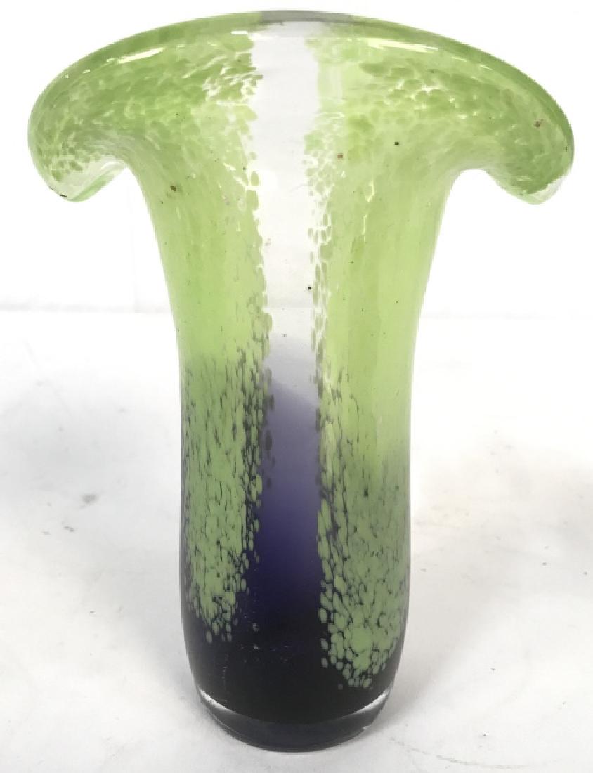 Hand Blown Multi Toned Art Glass Vase: Vase is handblown, has Pontil on underside. Piece is green and blue toned. Has minor chip on furled out rim. Measures approx 8 inches tall 5 inches wide. Tableware, vessel, tabletop accessory, decorat