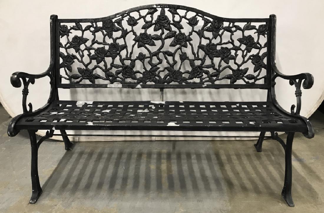 Painted Metal Garden Bench W Rose Design: Metal Garden Bench With Rose Design And Black Toned Painted surface. Garden Bench. Patio Furniture. Outdoor Garden Bench, home furnishings, . Measures approx 34.5 inches tall x 49 inches wide x 27 inc