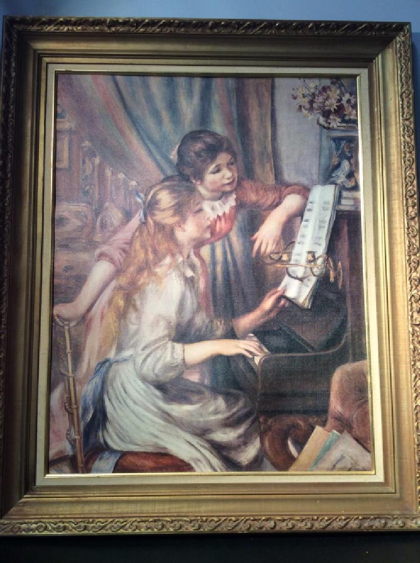 Framed Canvas Print Of RENOIR Painting: Framed print of Renoir’s ‘Girls at the Piano’. Image is printed on canvas. Image is matted and in a gold tone wooden frame with leaf relief pattern border. Canvas might need restretching. Approx