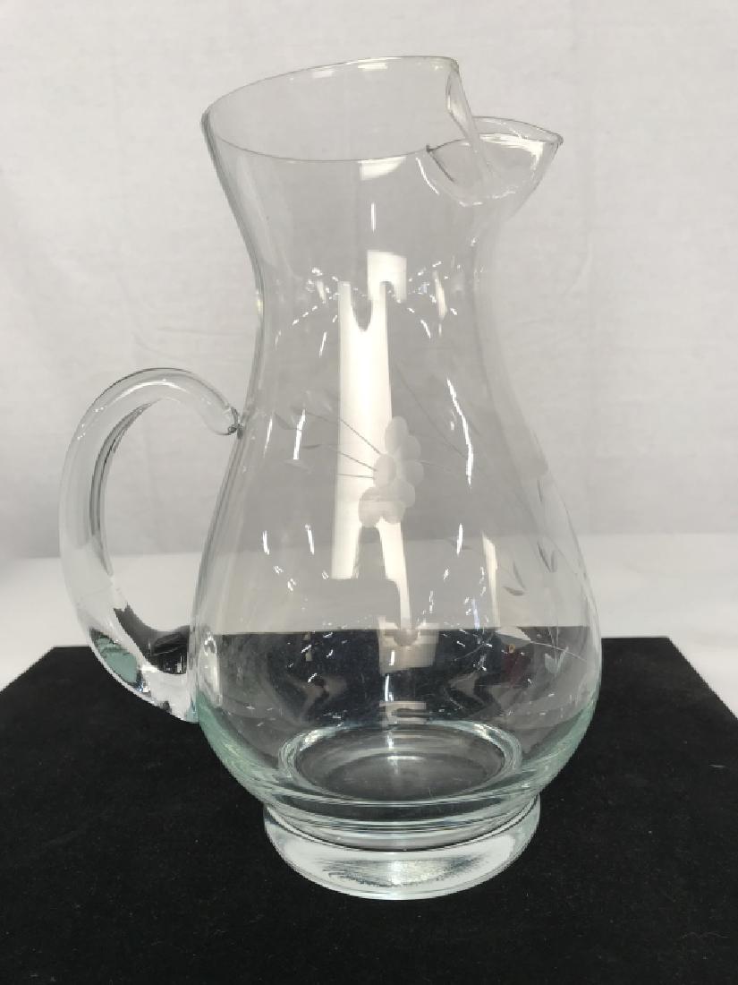 Vintage Etched Crystal Glass Pitcher: Vintage Etched Crystal Glass Pitcher, with floral pattern, 10 in x 5 in width to spout, good condition, Glassware, Collectible Crystal Tableware, Crystal Kitchenware, Pitcher, vase, vessel, 5