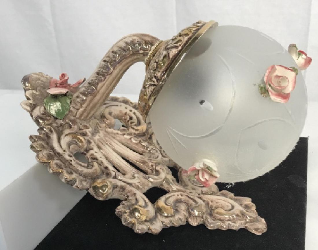 Vintage Porcelain And frosted Glass Wall Sconce,: Signed Vintage Porcelain And frosted Glass Wall Sconce, decorated frosted glass bulbous shade with affixed porcelain flowers, gold accents, 10 in x 6 in wide, good condition, not tested, Decorative Wa