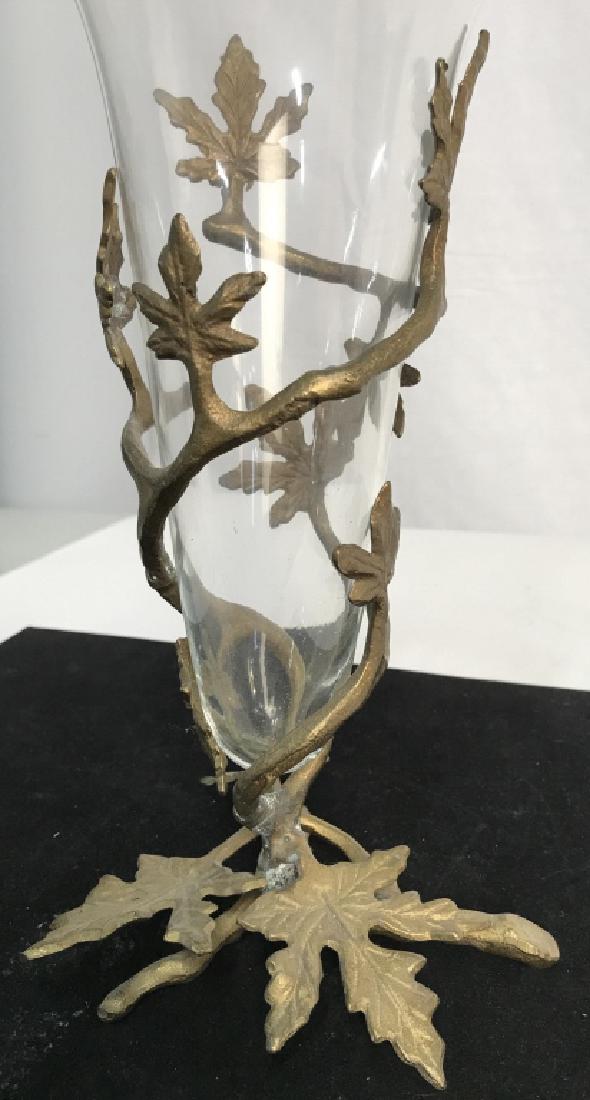 Decorative Metal and Glass Vessel, Vase: Decorative Metal and Glass Vessel, formed as a cone shaped vase in leafy naturalistic stand, good condition, 12 in x 5 7/8 in diameter of opening, Decorative Tableware, Decorative Kitchenware, Tablewa