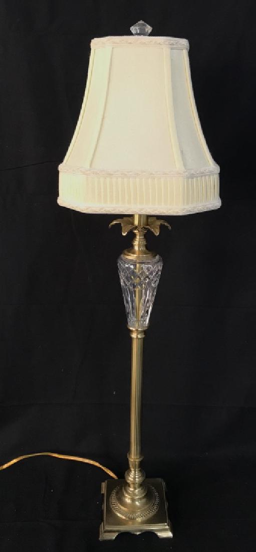 Brass And Cut Glass Table Lamp: Brass And Cut Glass Table Lamp with cream toned lined shade possibly silk, includes finial, measures approx 33.5 inches tall x 9 inches in diameter at shade. Lamp not tested for working condition. Lig
