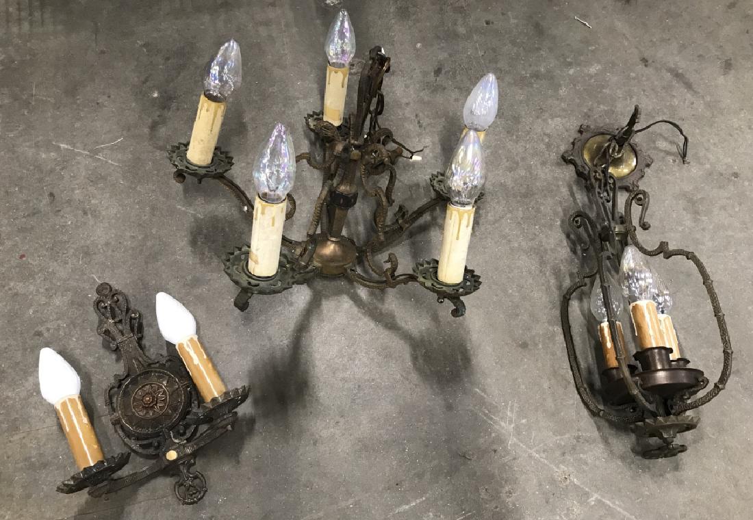 Lot 3 Group Of Gothic Style Chandeliers: Lot 3 Group Of Gothic Style Chandeliers And wall Sconce in brass And Copper Toned Metal. Lights not tested. Measures Vintage lighting, approx 24 inches tall x 19 inches in diameter. 2