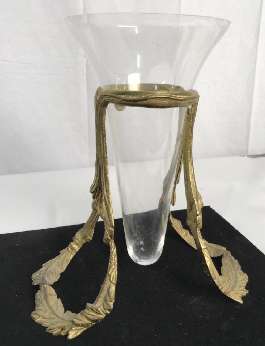 Metal and Glass Table Ornament, Vase: Metal and Glass Table Ornament, cone form glass vessel fits into a brass toned naturalistic Stand, 11 in x 6 in, good condition, Decorative Tableware, Decorative Ornamental Vessels, kitchenware, brass