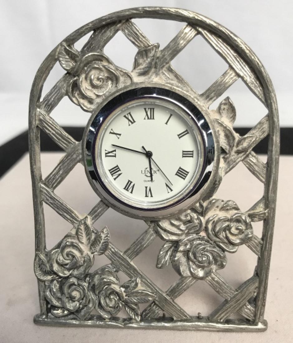 Lenox Silver Toned Ladies Desk Clock: Lenox Silver Toned Ladies Desk Clock, designed with vase embedded in a metal rose bud decorated metal lattice frame, 4 in x 2 7/8 in, Decorative Dresserware, Desk Clock, Clocks, Tableware, 5