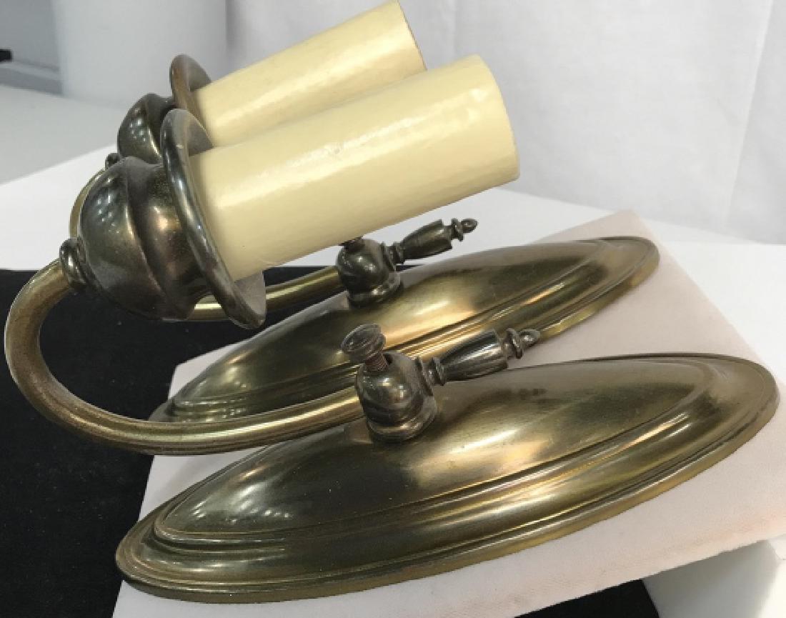Vintage Pair Brass Toned Wall Sconces: Vintage Pair Brass Toned Wall Sconces, Each 8 in x 5 1/4 in profile, width 3 in, not tested, Tarnished, vintage Wall Sconces, American Sconces, Lighting, Decorative Wall Lighting, 5