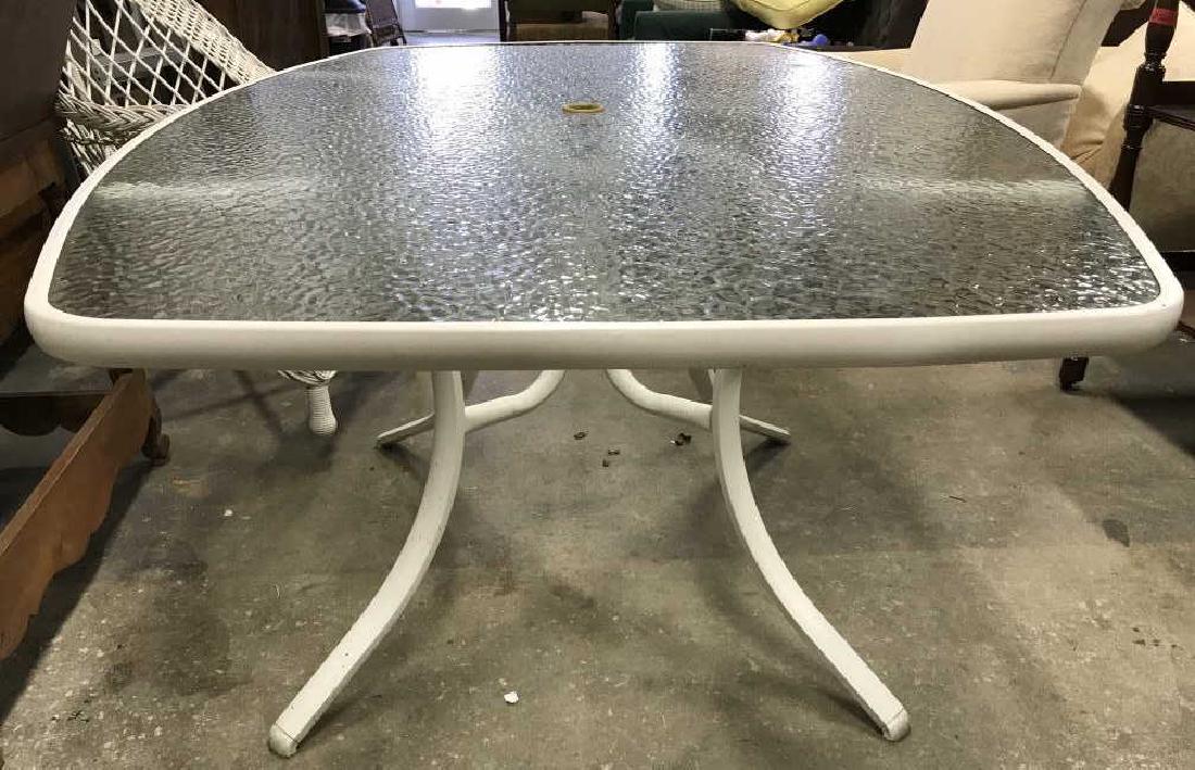 Outdoor Metal Tempered Glass Dining Table: Table is metal, has a white tone. Center of table has umbrella hole. Outdoor table, patio table, outdoor furniture, patio furniture, outdoor dining table, out door kitchen table, . Measures approx 60 