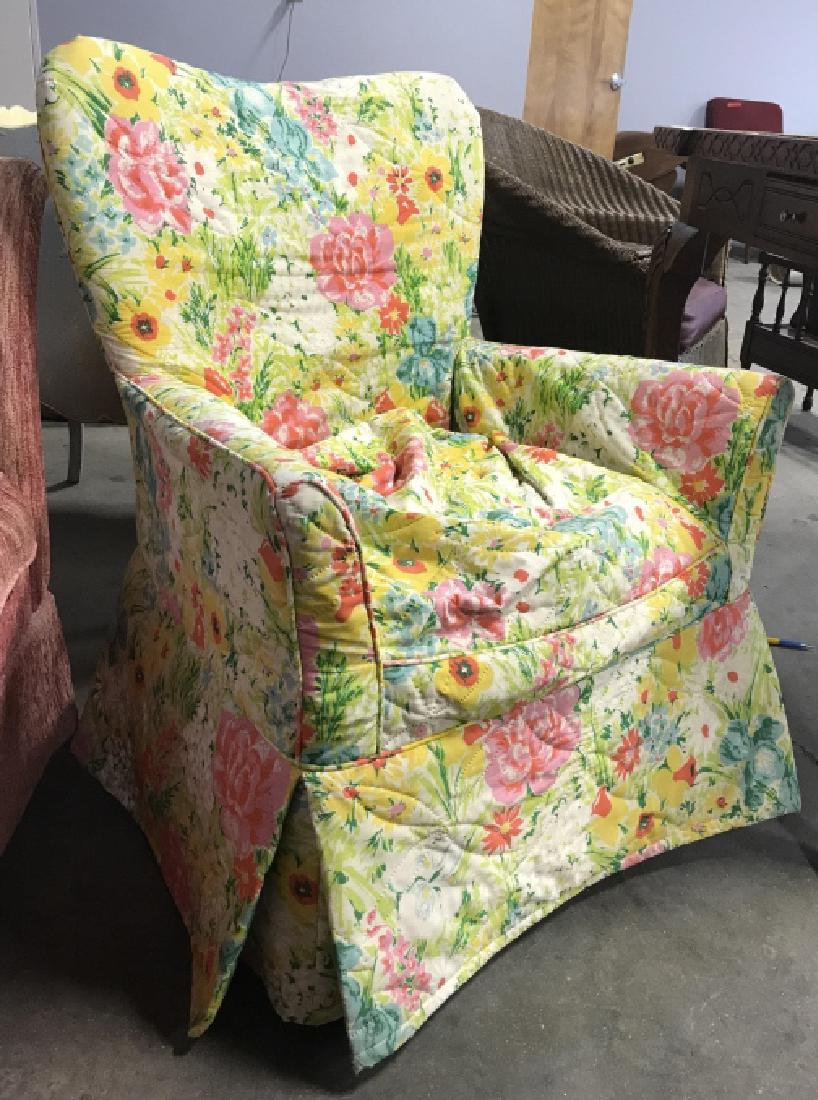Upholstered Skirted Floral Detailed Armchair: Upholstered Skirted Floral Detailed Armchair. Measures approx 33 inches tall 27 inches wide and deep. Needs cleaning, Vintage upholstered Billy Baldwin Style Bedroom Chair, slipper chair, arm chair, r