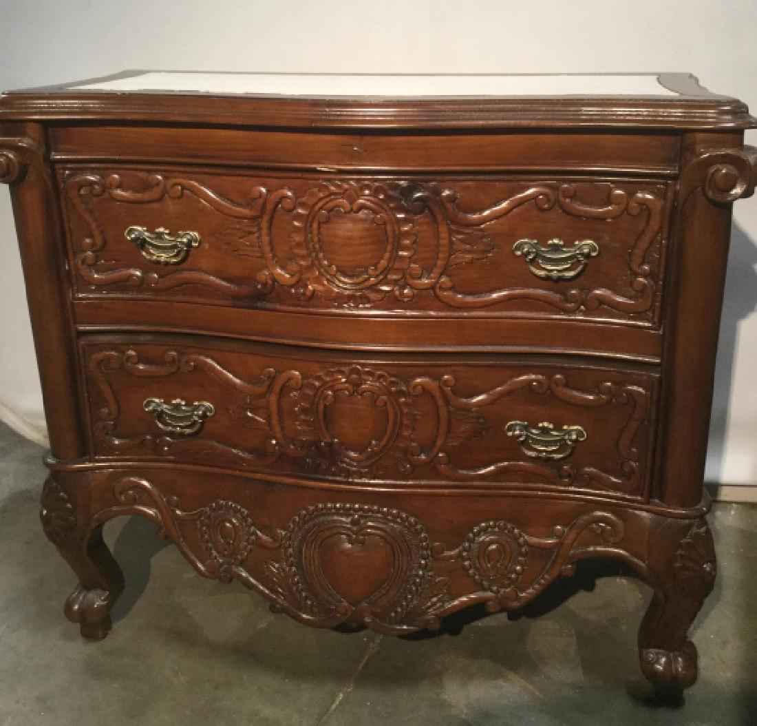 Vintage Wooden Chest Of Drawers W Marble Detail: Country French Dresser, Commode, Provencal Style Dresser Furniture, Louis XV Style Chest of drawers, Vintage Wooden Chest Of drawers with white marble style detail on top surface. Exterior Surface of 