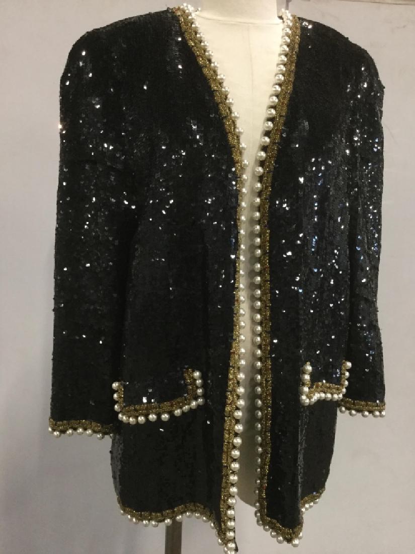 Luxury Sequined Jacket W Pearl Style Details: Luxury Black Sequined Jacket / blazer / top with gold tone beads and pearl style trims. Jacket has shoulder pads. Label reads ‘shell 100% silk, lining 100% Rayon, Size M. Luxury women’s fashion, g