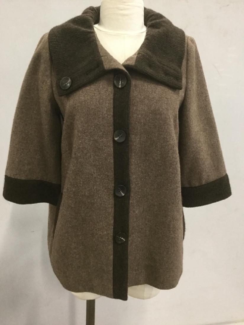 GUY FRENCH Designer Wool Blend Jacket: GUY FRENCH Designer wool blend cool weather jacket / sweater / cardigan. Label reads GUY FRENCH, Size L. Light ash brown in tone with deep brown tone trims. Jacket has shoulder pads. Women’s designe