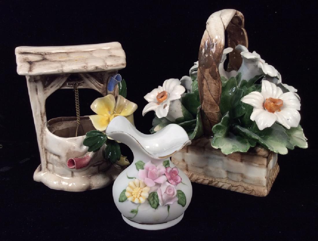 Lot 3 Capodimonte and More Porcelain Acc: Lot 3 Capodimonte and More Porcelain Accessories. One wishing well Style Sculptural with oversized sculpted flowers, tag on underside reads NUOVA CAPODIMONTE, also features N with Crown Makers Mark, M