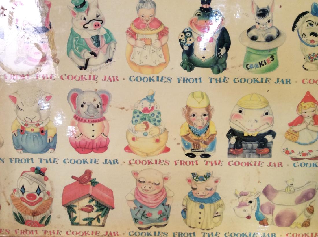Cookie Jar Design Collectibles Serving Tray: Dept 56 Collectible tray, Department 56 tableware, Cookie Jar Design Collectibles Serving Tray. Bright yellow toned paper over wooden tray, decorated with a collection of collectible cookie jars. Some