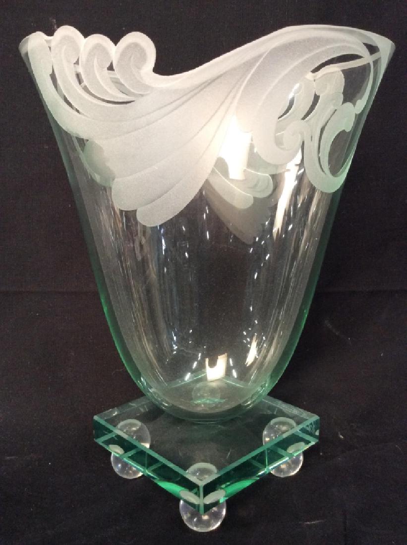 Signed R. GUENTHER Art Glass Vase: R. GUENTHER Art Glass Vase W Filigree Design Signed Robert Guenther Art Glass Vase W Frosted Filigree Design. Glass vase on square pedestal with Beveled edges and ball feet, shaped edge with filigree 