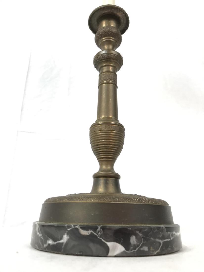 Brass Candlestick Style Lamp W Shade: Brass Candlestick Style Lamp W Shade. Lighting, table light, Property of Rye Waterfront Estate, Measures approx 25 inches tall 5 inches wide without shade. 6