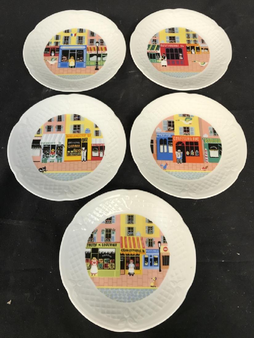 Lot 5 PH DESHOULIERES LIMOGES Porcelain Plates: Underside of each reads COLLECTION LBP PH. DESHOULIERES PORCELAINE DE LIMOGES FRANCE. Each plate has unique store front scene. Measures approx 6 inches wide. dinnerware / tabletop accessories. Propert