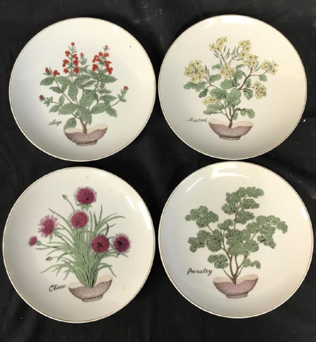 Lot 4 Decorative Porcelain Plates: Lot includes 4 Porcelain Plates each with depicting different plants. Sage, mustard, parsley & chives. Each measures approx 8 inches diameter. dinnerware / tabletop accessories. Property of a Putnam C