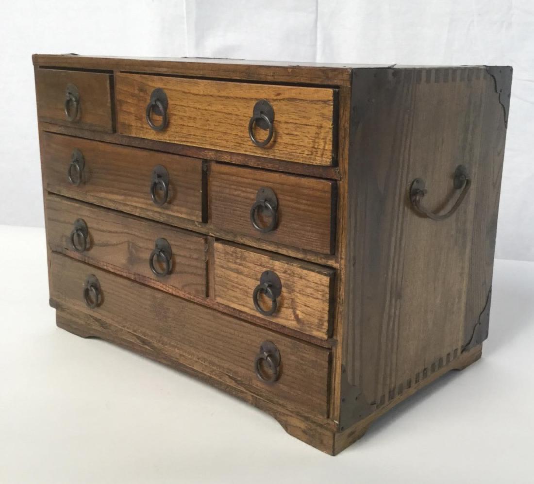 Antique Campaign Style Jewelry Box: Antique handcrafted wood jewelry box with shaped metal corners, iron ring hardware, and 7 drawers, hand crafted with dovetailing , decorative accessory, antique collectible, Tableware, Keepsake box, j