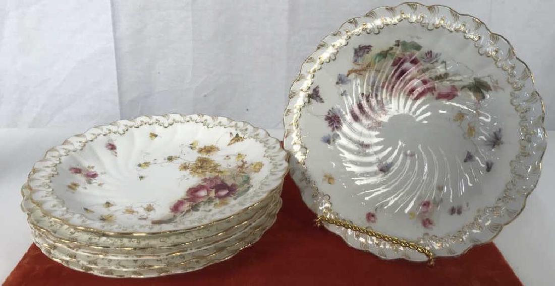 George Jones and Sons Set of 6 Dessert Plates: George Jones and Sons Crescent / England set of 6 dessert plates, with rose and chrysanthemum floral motifs and scalloped edges. There is discoloration on plates, will need cleaning. Moderate fading o